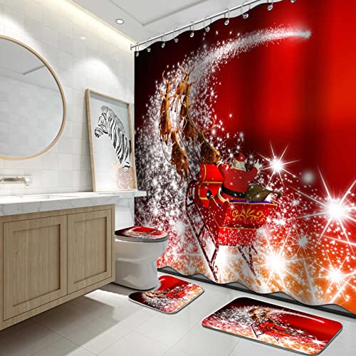 CALARVUK 4PC Red Christmas Bathroom Sets with Shower Curtain and Rugs, Santa Claus with Reindeer Shower Curtain Set with Non-Slip Rugs, Toilet Lid Cover and Bath Mat, Holiday Bathroom Decoration Set