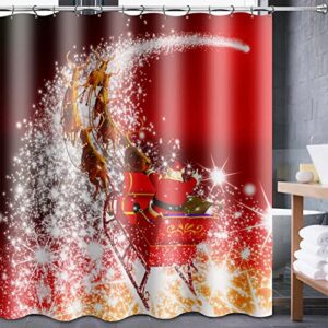 CALARVUK 4PC Red Christmas Bathroom Sets with Shower Curtain and Rugs, Santa Claus with Reindeer Shower Curtain Set with Non-Slip Rugs, Toilet Lid Cover and Bath Mat, Holiday Bathroom Decoration Set