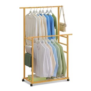 monibloom double rod clothing garment rack with bottom shelves, bamboo clothes rack on wheels rolling clothing rack with pants rack hanging clothes, natural