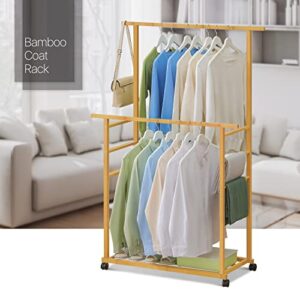 MoNiBloom Double Rod Clothing Garment Rack with Bottom Shelves, Bamboo Clothes Rack on Wheels Rolling Clothing Rack with Pants Rack Hanging Clothes, Natural