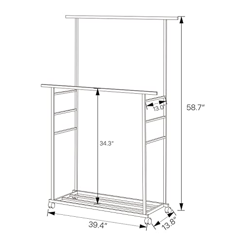 MoNiBloom Double Rod Clothing Garment Rack with Bottom Shelves, Bamboo Clothes Rack on Wheels Rolling Clothing Rack with Pants Rack Hanging Clothes, Natural