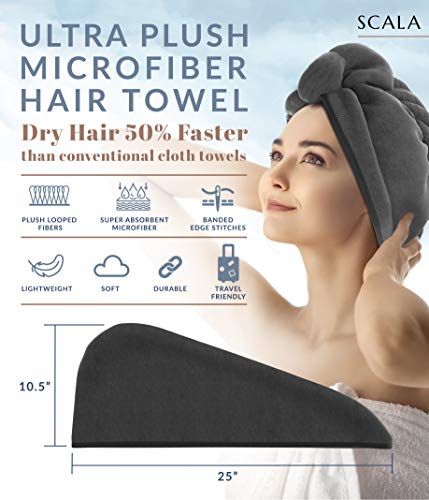 Scala Microfiber Turban Hair Towel Wrap (2 Pack) for Women - Fast Dry, Super Absorbent, Anti-Frizz, Tangle-Free, Quick Drying and Plopping for Wet Curly Hair