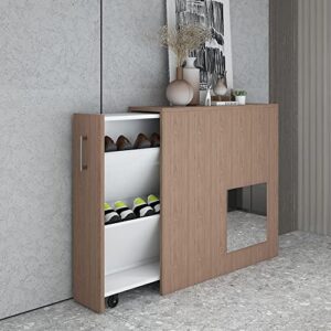 shoe cabinet, pull-out shoe rack modern shoe cabinet with hidden shoe rack pull-out shoe cabinet freestanding shoe rack storage organizer storage shoe cabinet with wheels and mirror, wood color
