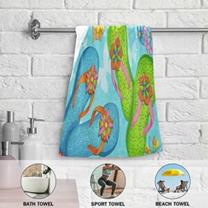 Summer Slippers Hand Towels for Bathroom,Turquoise Pink Orange Flip Flops Sunflower Flowers Towels 16"x28" Ultra Soft Absorbent Bathroom Hand Towel for Face,Gym,Tea,Teal Kitchen Dish Towel Set of 2