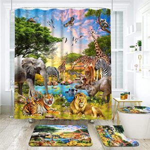 funny wild animal shower curtain sets with memory foam bath mat, non-slip bath rugs and toilet lid cover, kids jungle nature shower curtains for bathroom with hooks, lion tiger elephant bathroom set