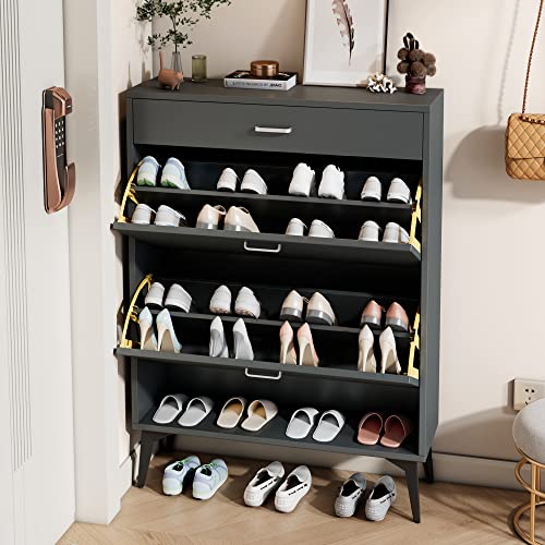 Leiln.z Shoe Cabinet with 1 Slide Drawer & 2 Flip Drawers, Freestanding Shoe Rack Storage Organizer，Shelves for Narrow Closet, Entryway, Living Room (Gray)