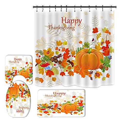 Moresave Autumn Thanksgiving Shower Curtain Sets,Maple Leaf Pumpkin Sunflowers 4PCS Bathroom Toilet Set