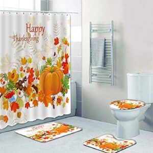 Moresave Autumn Thanksgiving Shower Curtain Sets,Maple Leaf Pumpkin Sunflowers 4PCS Bathroom Toilet Set