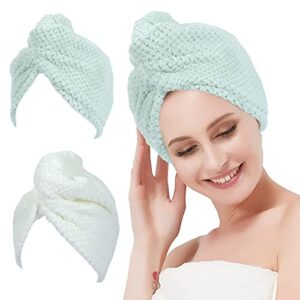 maopaobeauty 2 pack microfiber towel for hair drying, super absorbent turbie twist hair towels with double buttons, hair wrap towels for curly hair, hair turbans for wet hair (beige&green)