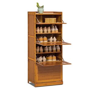monibloom bamboo 7-tier shoe organizer rack with pull-down door 21-pair sneaker heels boots, hallway entryway, brown