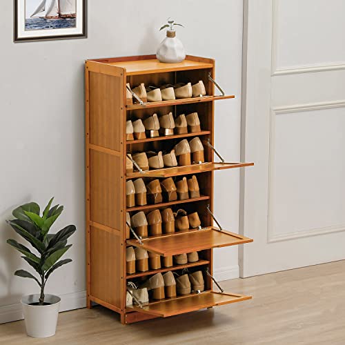 MoNiBloom Bamboo 7-Tier Shoe Organizer Rack with Pull-Down Door 21-Pair Sneaker Heels Boots, Hallway Entryway, Brown