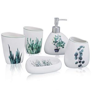 epfamily white ceramic bathroom accessory set - including 5 piece soap dispenser, toothbrush holder, 2 tumbler, soap dish with green plant pattern