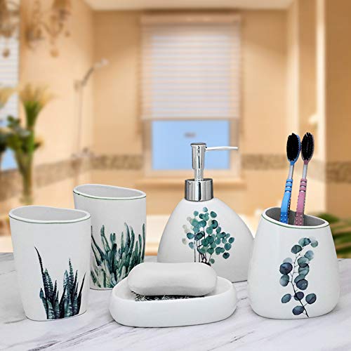 EPFamily White Ceramic Bathroom Accessory Set - Including 5 Piece Soap Dispenser, Toothbrush Holder, 2 Tumbler, Soap Dish with Green Plant Pattern