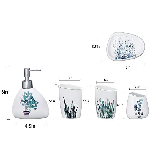 EPFamily White Ceramic Bathroom Accessory Set - Including 5 Piece Soap Dispenser, Toothbrush Holder, 2 Tumbler, Soap Dish with Green Plant Pattern