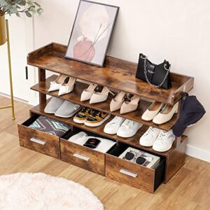 usikey Vertical Shoe Rack, 3-Tier Wooden Shoe Racks with 3 Bottom Drawers & 2 Hooks, Shoe Storage Shelf, Modern Shoe Rack Organizer for Entryway, Hallway, Closet, Rustic Brown