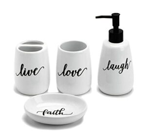 adavas.y&g bathroom accessory sets with sweet quotes, durable ceramic set w/toothbrush holder,soap dispenser,tumbler, soap dish,great for farmhouse decor (white 1)