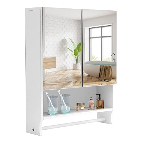 Nidouillet Bathroom Wall Cabinet with Mirror, 27" Wall Mounted Medicine Cabinet Storage with 2 Mirrored Doors, Adjustable Shelves, Towel Rack, White Hanging Cabinet for Over Toilet, Laundry Room