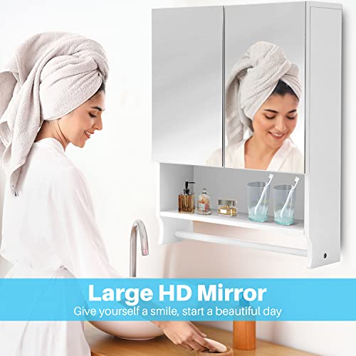 Nidouillet Bathroom Wall Cabinet with Mirror, 27" Wall Mounted Medicine Cabinet Storage with 2 Mirrored Doors, Adjustable Shelves, Towel Rack, White Hanging Cabinet for Over Toilet, Laundry Room