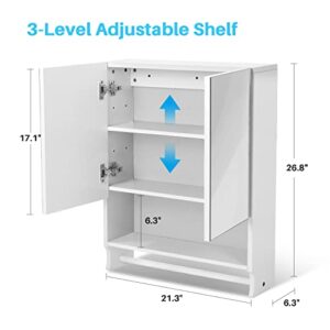 Nidouillet Bathroom Wall Cabinet with Mirror, 27" Wall Mounted Medicine Cabinet Storage with 2 Mirrored Doors, Adjustable Shelves, Towel Rack, White Hanging Cabinet for Over Toilet, Laundry Room