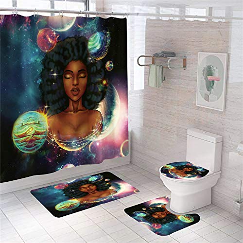 4PCS/Set Dream Girl Shower Curtain Sets with Rugs Waterproof Polyester Shower Curtains for Bathroom Soft Flannel Bathroom Mat Set Non-Slip Bathroom Sets Bath Mat Toilet Mat Lid Cover Set