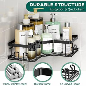 MAXIFFE Corner Shower Caddy, 5-Pack Shower Organizer, Large Capacity Stainless Steel Shower Caddy Bathroom Organizer Shower Shelves, No Drilling Rustproof Corner Shower Shelf, with 12 Hooks, Black