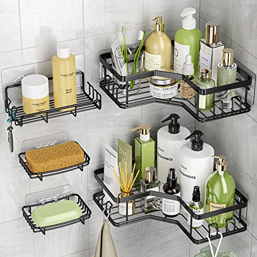 MAXIFFE Corner Shower Caddy, 5-Pack Shower Organizer, Large Capacity Stainless Steel Shower Caddy Bathroom Organizer Shower Shelves, No Drilling Rustproof Corner Shower Shelf, with 12 Hooks, Black