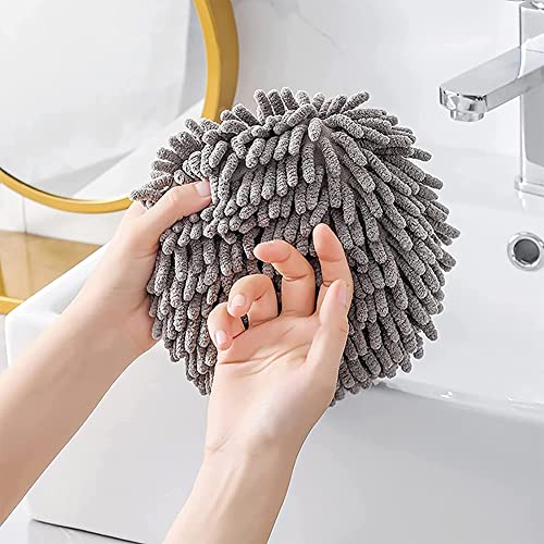 Pufandor Fuzzy Ball Towel Soft Microfiber Hand Towels for Bathroom, Grey Hand Town Ball Chenille Fast Drying Towel with Loop Kitchen, Quick Dry Cloths for Cleaning(Include 1 Pcs Wall Hooks)