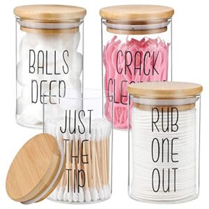 tuzazo 4 pack glass qtip holder apothecary jars with bamboo lids, clear bathroom organizer storage canisters set bathroom jars for cotton balls, floss, cotton rounds and cotton swab holder