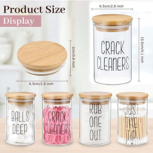 TUZAZO 4 Pack Glass Qtip Holder Apothecary Jars with Bamboo Lids, Clear Bathroom Organizer Storage Canisters Set Bathroom Jars for Cotton Balls, Floss, Cotton Rounds and Cotton Swab Holder