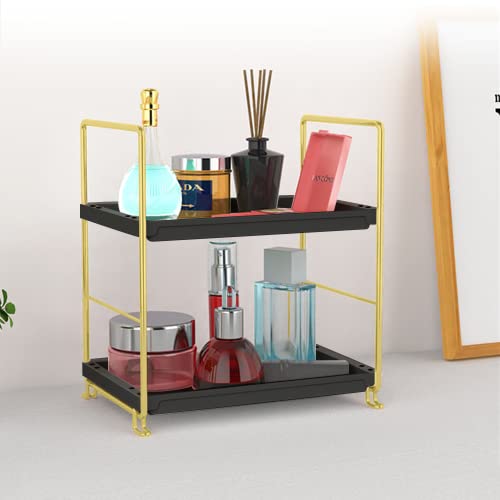 2-Tier Standing Corner Shower Caddy - Shelf Bathroom Corner Stand with Drainage Holes, Shower Organizer Corner Standing Stand Up Bathtub Shower Shelf for Bathroom Living Room (Black & Gold)