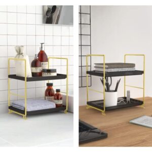 2-Tier Standing Corner Shower Caddy - Shelf Bathroom Corner Stand with Drainage Holes, Shower Organizer Corner Standing Stand Up Bathtub Shower Shelf for Bathroom Living Room (Black & Gold)