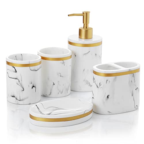 WEYEEN Bathroom Accessory Set,5 Pieces Marble Pattern Bathroom Counter Top Accessories Sets with Bathroom Soap Dispenser,Toothbrush Holder,Two Bathroom Cups and Soap Tray for Modern Bathroom Decor