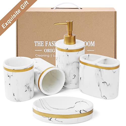 WEYEEN Bathroom Accessory Set,5 Pieces Marble Pattern Bathroom Counter Top Accessories Sets with Bathroom Soap Dispenser,Toothbrush Holder,Two Bathroom Cups and Soap Tray for Modern Bathroom Decor