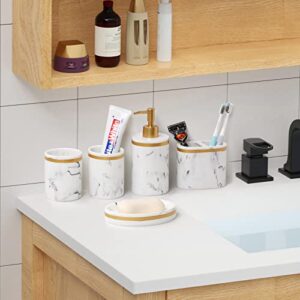 WEYEEN Bathroom Accessory Set,5 Pieces Marble Pattern Bathroom Counter Top Accessories Sets with Bathroom Soap Dispenser,Toothbrush Holder,Two Bathroom Cups and Soap Tray for Modern Bathroom Decor