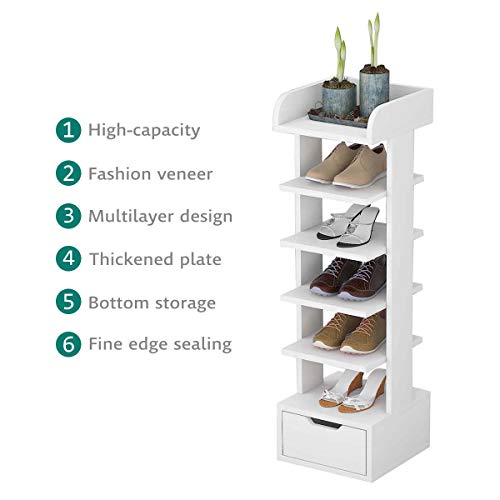 BURENMTO 6-Tier Vertical Shoe Rack for Closet, Narrow Shoe Rack for Entryway Tall Shoe Rack Organizer for Small Spaces Corner Small Shoe Rack White