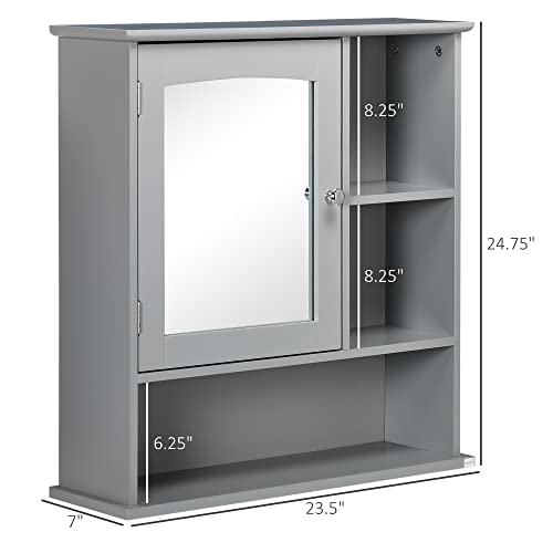 kleankin Bathroom Medicine Cabinet with Mirror, Wall-Mounted Bathroom Cabinet with Adjustable Shelf for Living Room and Laundry Room, Gray