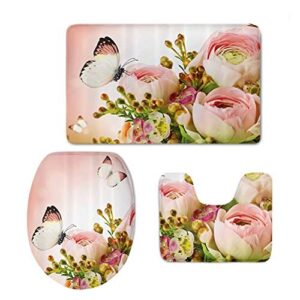 buybai funny modern home decor bathroom carpet/contour/lid cover anti-slip 3 piece set washable (butterfly)