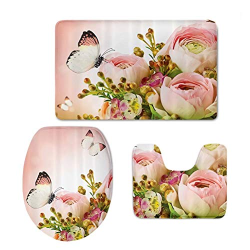 Buybai Funny Modern Home Decor Bathroom Carpet/Contour/Lid Cover Anti-Slip 3 Piece Set Washable (Butterfly)