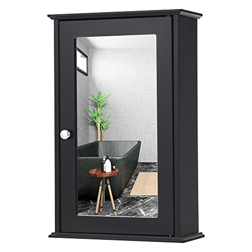 LOKO Bathroom Medicine Cabinet with Mirror, Wall Mounted Storage Cabinet with Single Mirrored Door and Adjustable Shelf for Bathroom, Living Room or Entryway, 13.5 x 6 x 21 inches (Brown)