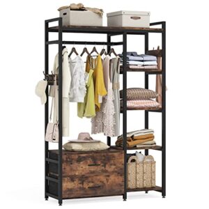 little tree freestanding closet organizer, clothes rack with drawers and shelves heavy-duty garment rack wardrobe closet clothing storage organizer for bedroom, rustic brown