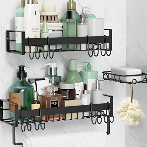 Shower Caddy, Adhesive Shower Organizer, 3 Pack Adhesive & Drilling Shower Shelf Basket, Rustproof Shower Rack with Soap Holder, Shower Shelves for Inside Shower, Bathroom Kitchen Storage (Black)