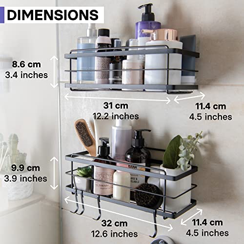 KINCMAX Shower Caddy Basket Shelf Pack of 2 - Adhesive Drill-Free Bathroom Organizer - Shower Storage Shelves for Inside Shower w/Hooks for Accessories (Matte Black)