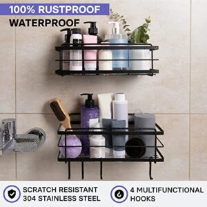 KINCMAX Shower Caddy Basket Shelf Pack of 2 - Adhesive Drill-Free Bathroom Organizer - Shower Storage Shelves for Inside Shower w/Hooks for Accessories (Matte Black)