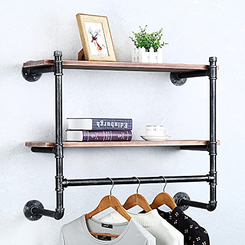 SULIANG Industrial Pipe Clothing Rack Wall Mounted Clothes Rack,Pipe Clothing Rack with Shelf Clothes Rack with Shelves,Retail Shelving Garment Rack