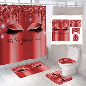 vivianbuy 4pcs bling eyelashes shower curtains with rugs bath mat toilet lid cover and 12 hooks waterproof bling eyes bathroom shower curtain set(red)