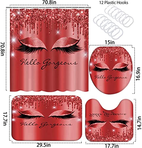 Vivianbuy 4PCS Bling Eyelashes Shower Curtains with Rugs Bath Mat Toilet Lid Cover and 12 Hooks Waterproof Bling Eyes Bathroom Shower Curtain Set(Red)