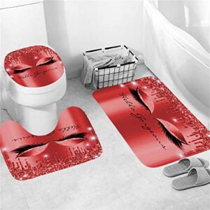 Vivianbuy 4PCS Bling Eyelashes Shower Curtains with Rugs Bath Mat Toilet Lid Cover and 12 Hooks Waterproof Bling Eyes Bathroom Shower Curtain Set(Red)