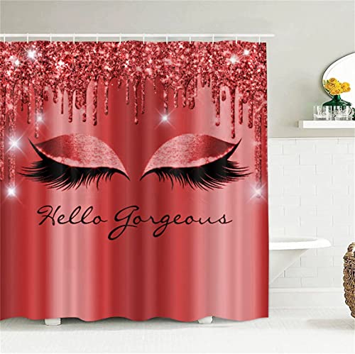 Vivianbuy 4PCS Bling Eyelashes Shower Curtains with Rugs Bath Mat Toilet Lid Cover and 12 Hooks Waterproof Bling Eyes Bathroom Shower Curtain Set(Red)