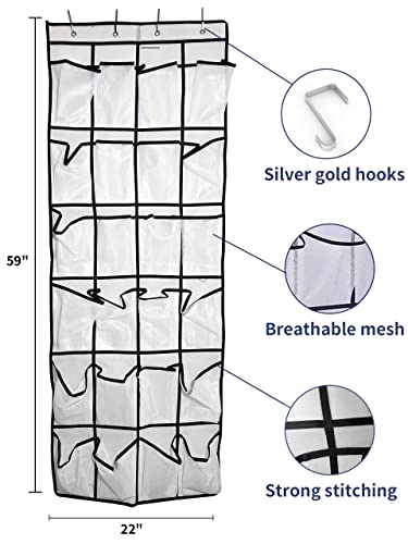 SIEHAM Over the door shoe organizer 24 mesh pockets hanging shoe storage shoe rack for closet entryway bedroom bathroom storage room shoe rack (White fine mesh) (White fine mesh)