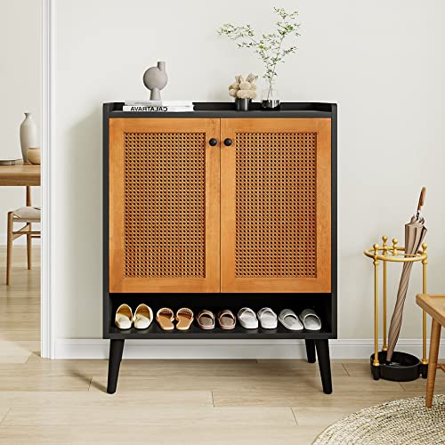 Tribesigns Shoe Cabinet, 6 Tiers 24-30 Pairs Natural Handmade Rattan Shoes Cabinet with Door, Heavy Duty Freestanding Shoe Storage Cabinet with Removable Shelves for Entryway, Black & Orange